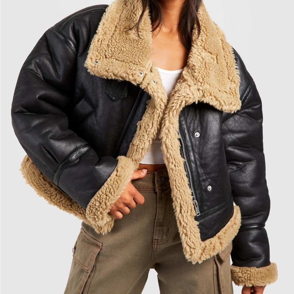 Boohoo Black and Tan Aviator Jacket